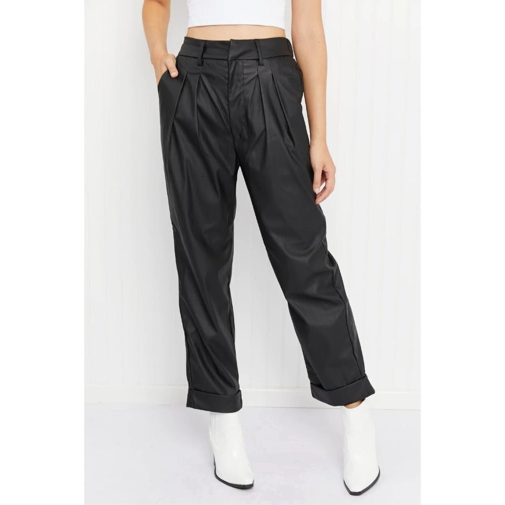 New Zenana Vegan Leather Pleated Pants with Cuff in‎ black Size Large